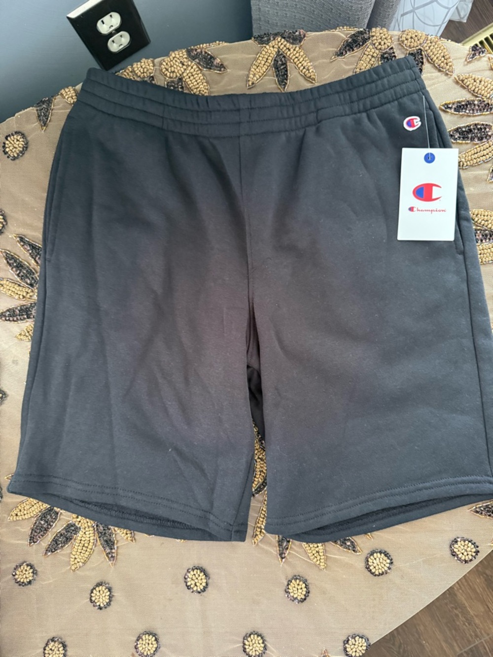 Champion Black Fleece Shorts with Red & Blue Logo Tag